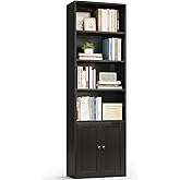 Casaottima Bookshelf and Bookcase with Doors, Floor Standing 6-Tier Shelf Display Storage Shelves, Tall Bookcases for Home Office, Living Room, Black
