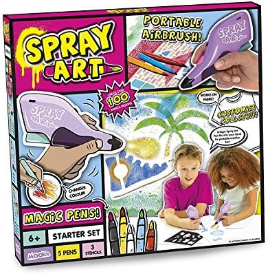 Spray Pen Starter Set easy to use and includes the spray art magic colour changing felt tipsContains 5 pens and 3 stencils (pets, alphabet &amp; food)