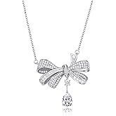 Moissanite Bow Necklace for Women D Color VVS1 Lab-Created Brilliance 925 Sterling Silver Ribbon Bowknot Pendant with Teardrop Dangle Romantic Sparkly Jewelry Gift for Anniversary Birthday 16"+2"