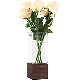 Artistic Square Wood Glass Vase,10 Inch Tall Flower Vases Bottles with Wooden Base,Boho Rustic Farmhouse Vase for Fireplace Living Room Kitchen Bedroom Wedding Centerpiece Table