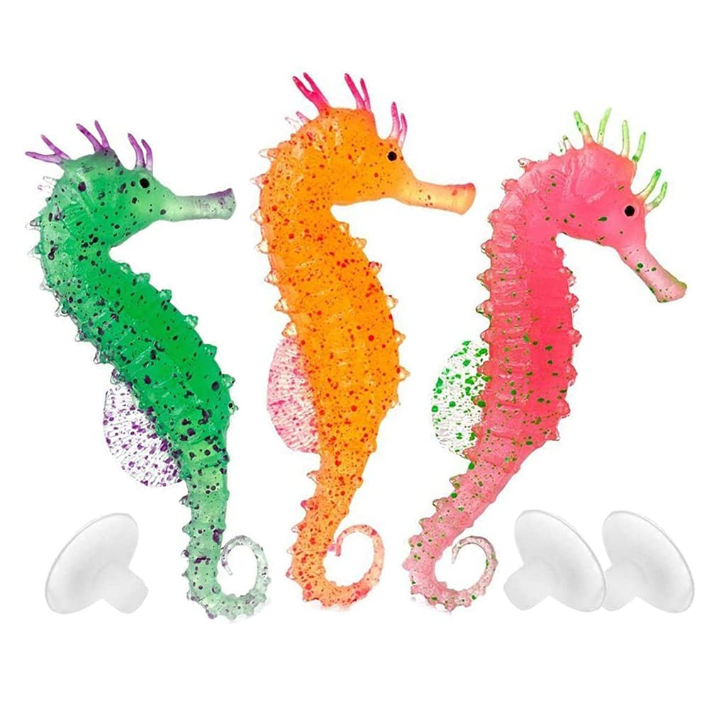 Mesee 3 Pieces Aquarium Ornament Floating Seahorse, Fish Tank Decor Silicone Luminous Artificial Sea Horse Undersea Animal Landscaping Glowing Effect Decoration for Aquarium Fish Tank