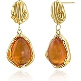 Hypoallergenic Amber Dangle Drop Earrings | 14K Gold Plated Brown Jewelry | Teardrop Gift for Boho Weddings, Sensitive Ears & Nature Lovers