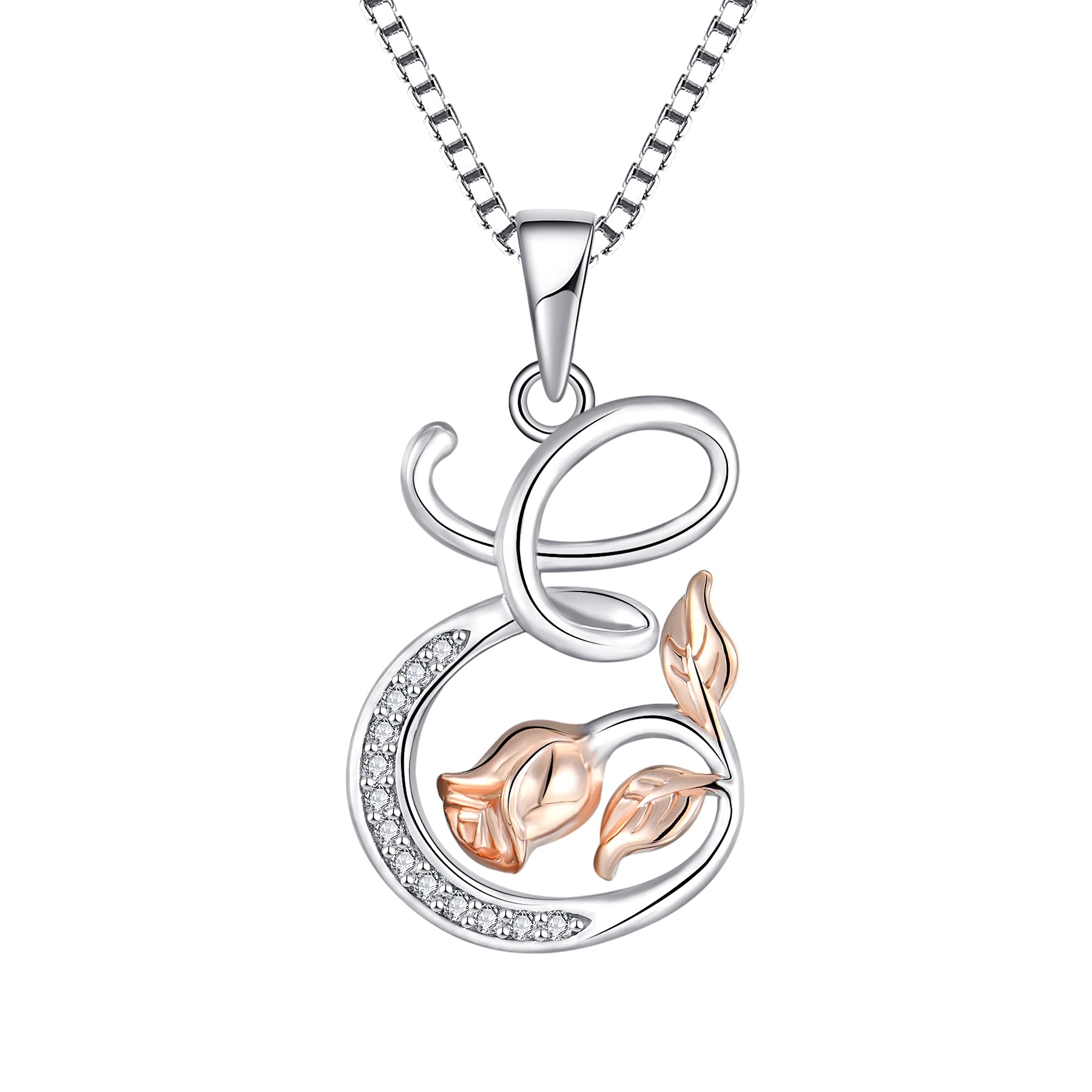 starchenie Alphabet Rose necklace Letter E Necklace Zirconia Pendant 925 Sterling Silver Necklace for Women