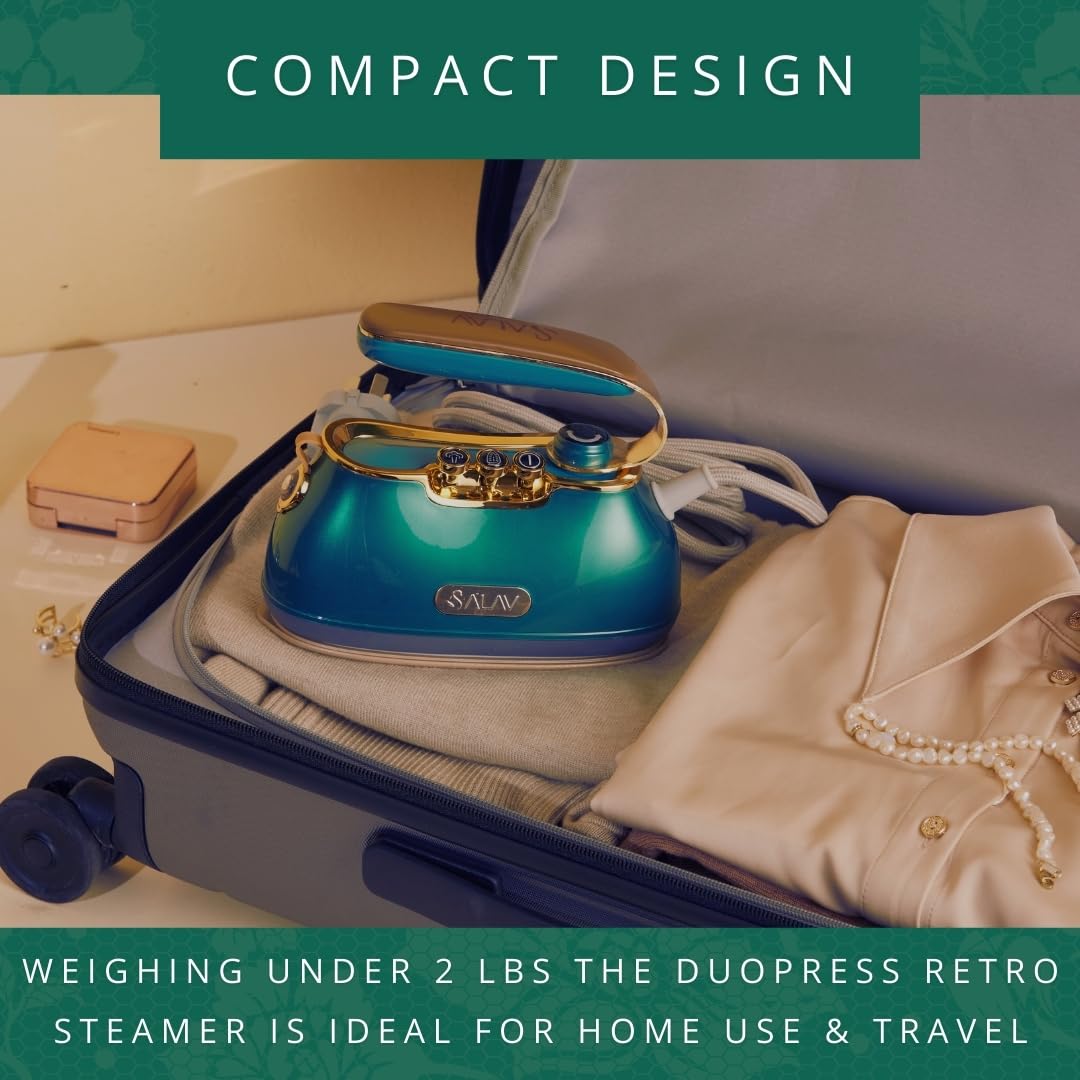 SALAV® Retro Edition Duopress Handheld Garment Steamer & Iron, Ceramic Plate, 1000W, No Drip Steam, Vertical & Horizontal Steam, Emerald - Removes Wrinkles & Refreshes Clothes, Vintage Style