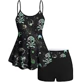 ROSE GAL Women Plus Size Gothic Tummy Control Modest Tankini Swimsuit Skulls Print Two Piece Bathing Suits
