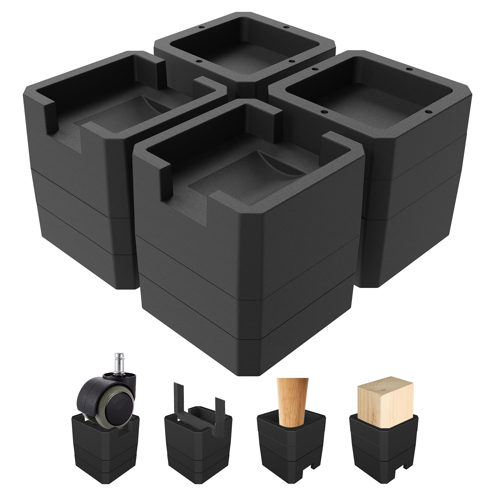MYMULIKE Furniture Risers 3inch, Heavy Duty Bed Risers, Up to 6,000 lbs, Stackable Furniture Frame Lift for Leg with Wheels, Bed Table, Sofas, Desk, Table, Cabinet (Black 4 Pack, 3inch)