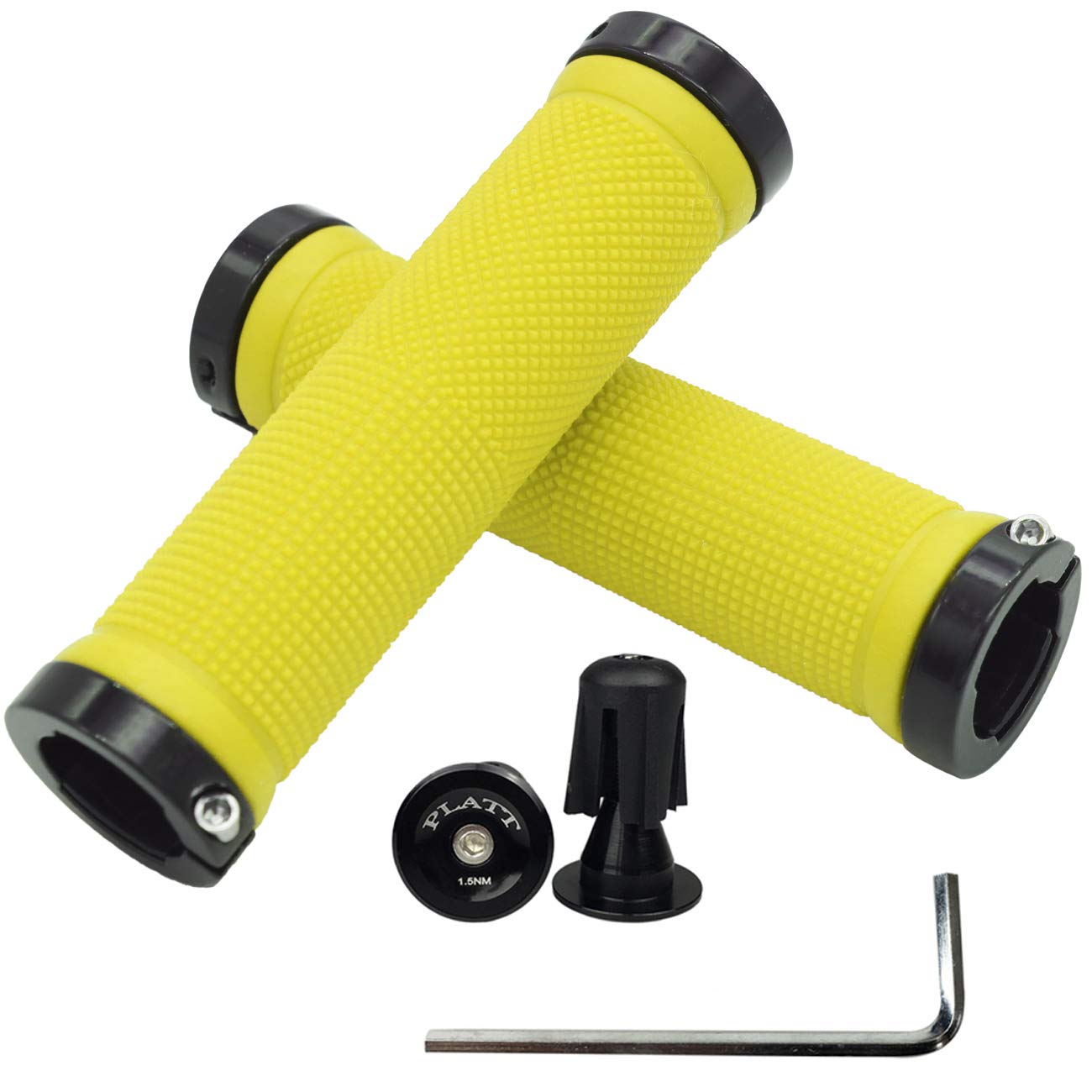PLATT Bike Handlebar Grips with Aluminum Lock Non-Slip Rubber Bicycle Handle Grip for MTB/BMX (Yellow)