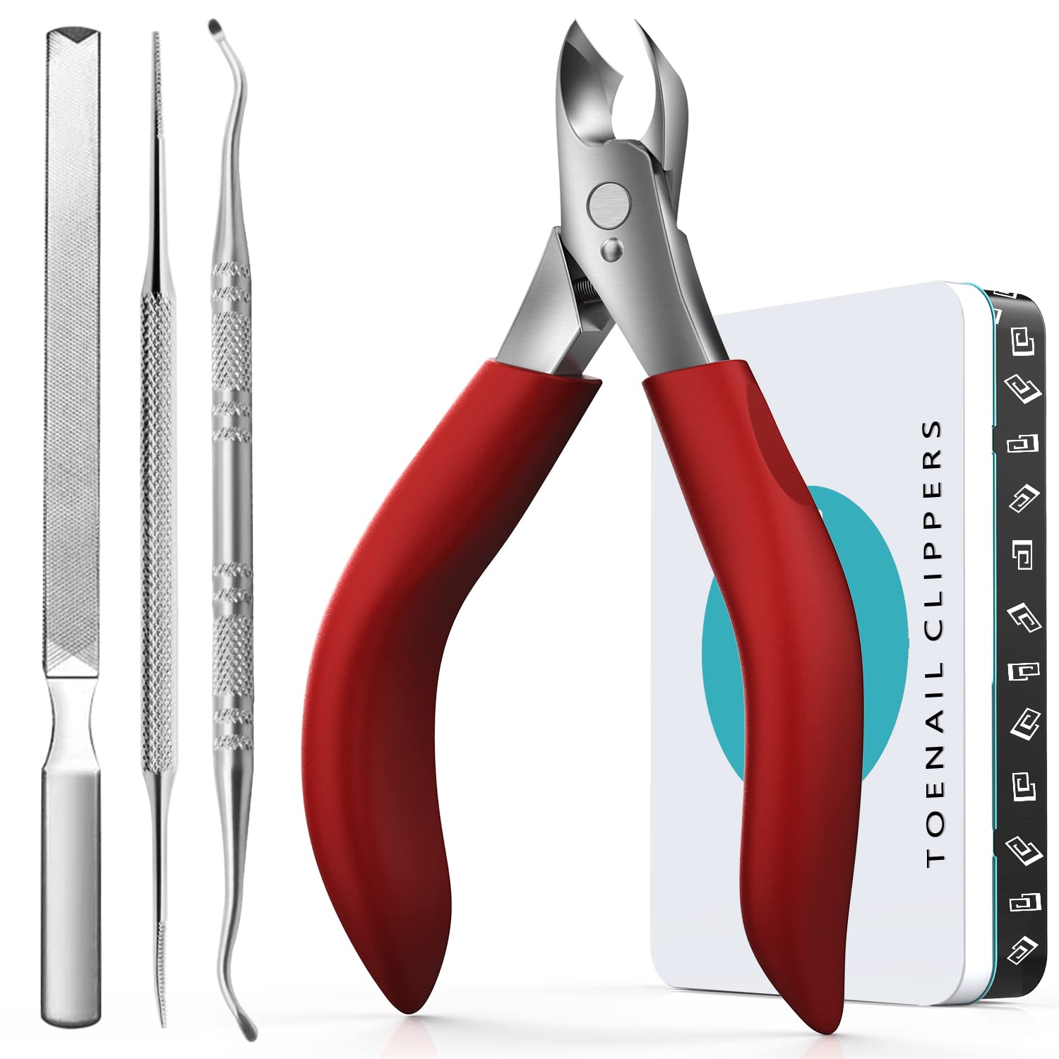RONAVO Toenail Clippers for Thick Nails - Nail Clippers Set for Men.Heavy Duty Professional Thick & Ingrown Toe Nail Clipper, Large Toenail Scissors for Elderly/Mens/Women,Long Handle Safety(Red)