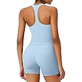 RXRXCOCO Racerback Workout Sets for Women 2 Piece Padded Scoop Neck Tank Tops Hidden Scrunch Booty Shorts with Pockets