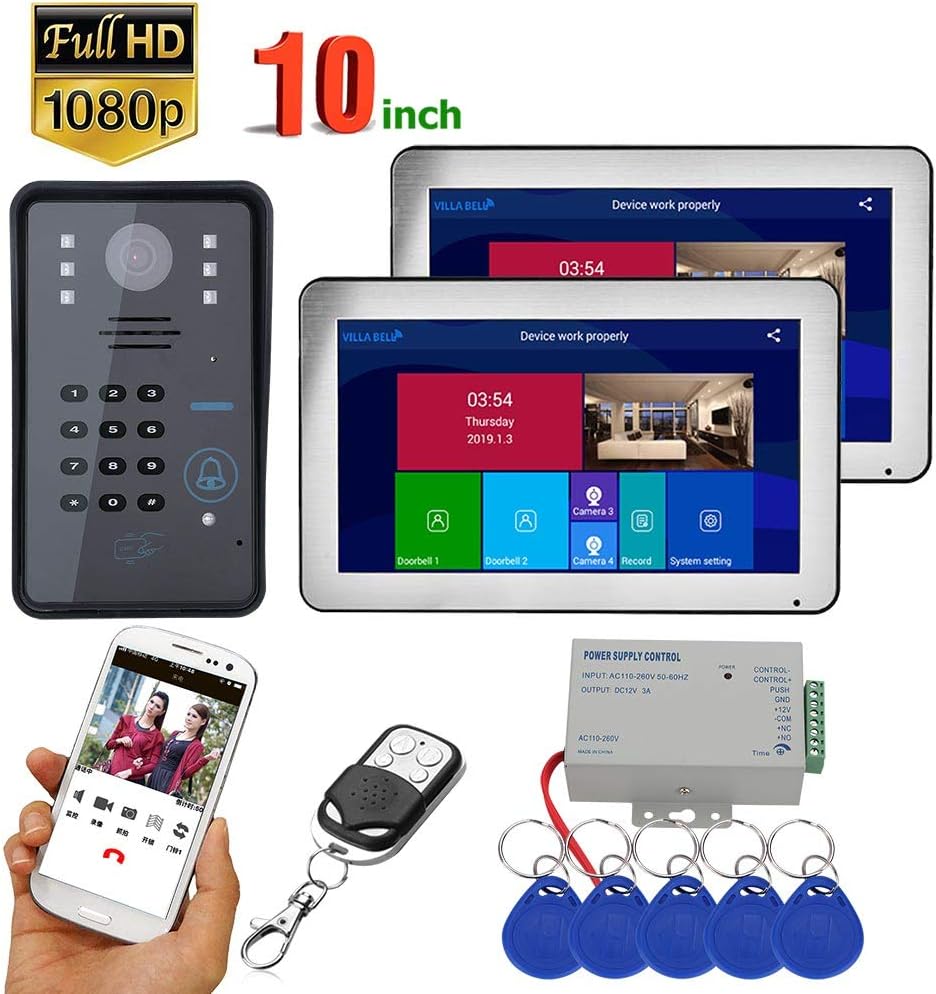YUYUKUAILAI 10 inch 3 Monitors WiFi Wireless Fingerprint IC Card Video Door Phone Doorbell Intercom System with Wired AHD,2