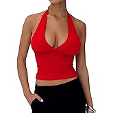 HOT ROEE Women's Deep V Neck Halter Tie Back Tank Top Sleeveless Slim Fitted Summer Crop Top