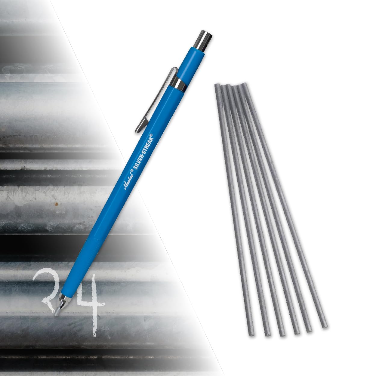 Markal 96107 Silver-Streak Refillable Mechanical Holder With 6 Silver Highly Visible Reflective Lead Refills, Built-in Sharpener, 1 Click Advance -Ideal for Metal Layout & Fabrication Work
