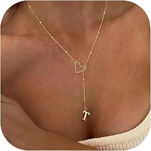 INERRWIX 18K Gold Plated Initial Heart Lariat Necklace for Women | Personalized Name Letter Pendant Y-Necklace, A-Z Charm Dai