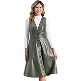 Allegra K Faux Leather V Neck Dress for Women's Sleeveless Button Down Casual Party Midi Dress