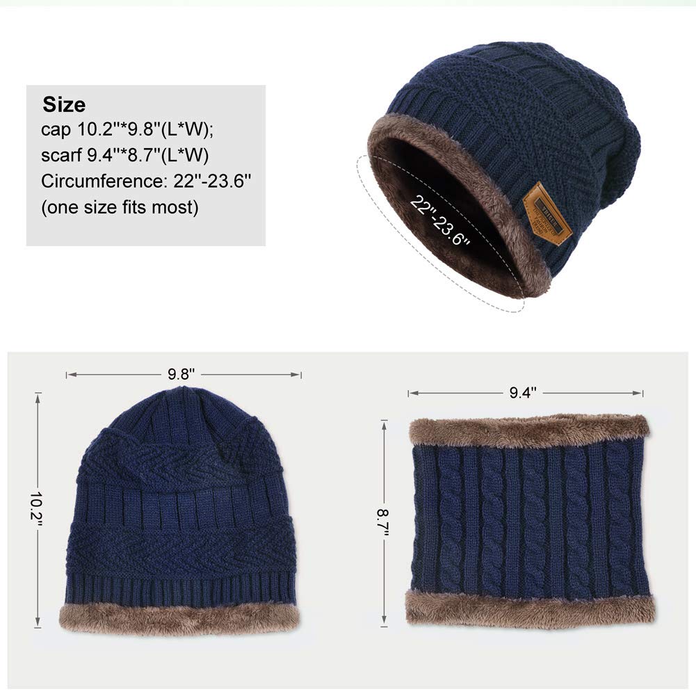 Vbiger Wintermütze Warm Beanie Strickmütze und Schal mit Fleecefutter (Blau-Neu)