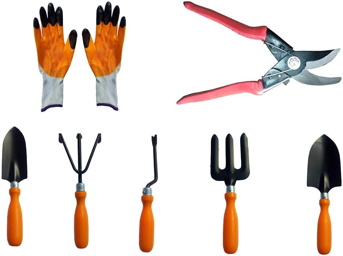TRUPHE German Style Garden Tool Set - Set of 7 | Heavy Gardening Cut Tool and One Pair Hand Gloves | Rust Free | Home Gardening Tool Kit