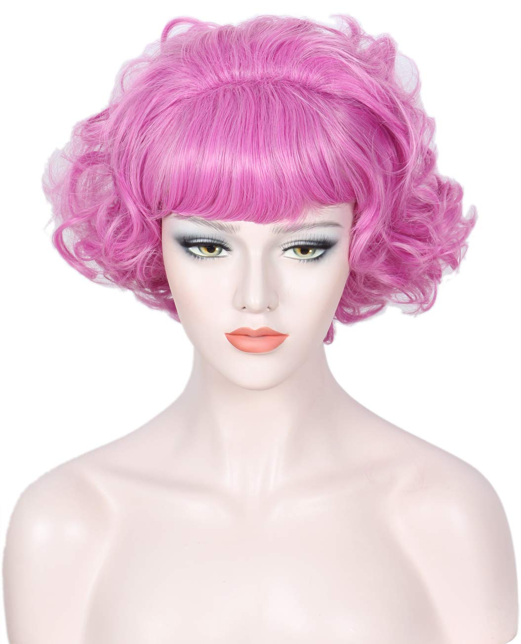 Linfairy 50s Short Pink Curly Wig for Women Halloween Costume Beehive Wigs