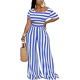 2 Piece Outfits for Women Sexy Backless Short Sleeve Crop Top High Waist Wide Leg Long Pant Sets Tracksuit Sport Set