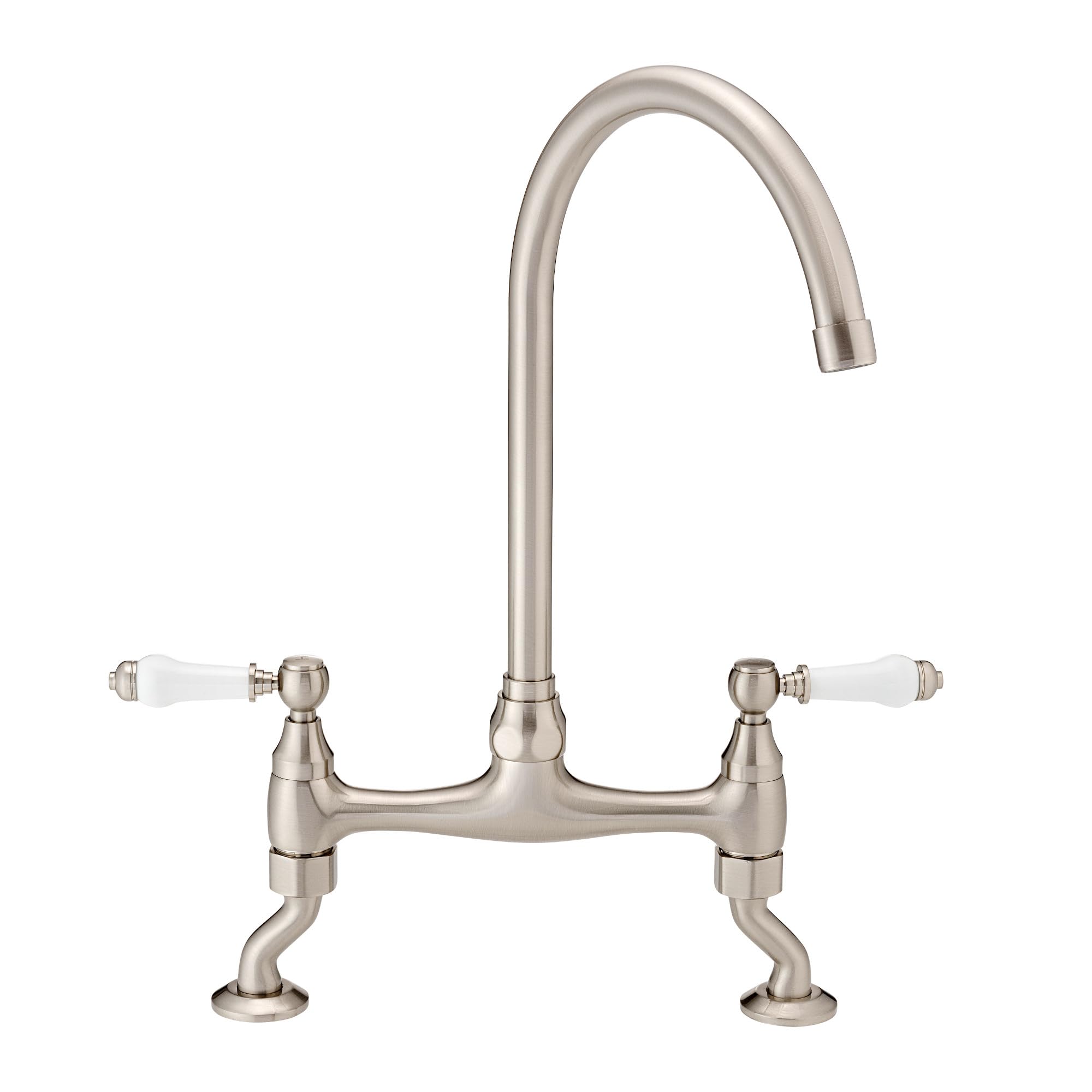 ENKI, Astbury, KT103, Deck Mounted Brushed Nickel, Kitchen Sink Mixer Tap, Featuring a Swivel Swan Neck Spout and Quarter Turn Ceramic Levers, Solid Brass Construction, Traditional Design