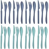 8 Sets Knives Spoons and Forks, Thickened Design Wheat Straw Cutlery, Reusable Utensils Set for Kid or Adult, Fork Spoon Knife Set for Party, Travel, Work, Picnic, Camping (Blue and green)