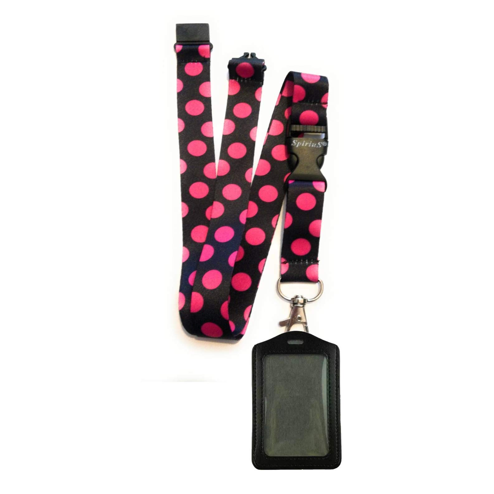 SPIRIUS Lanyard Neck Strap with Safety Clip + Black PU Leather Vertical ID Badge Holder Key Holder (Polka dot Pink + Black ID Holder)