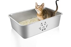 PWTAA Stainless Steel Cat Litter Box High Side Cats Toilet Metal Kitten Litter Pan, Pet Cleaning Tool for Big & Small Cats, Splash-Proof & Non-Stick Cat Poop Box odorless 15.7"x11.8"x3.9"