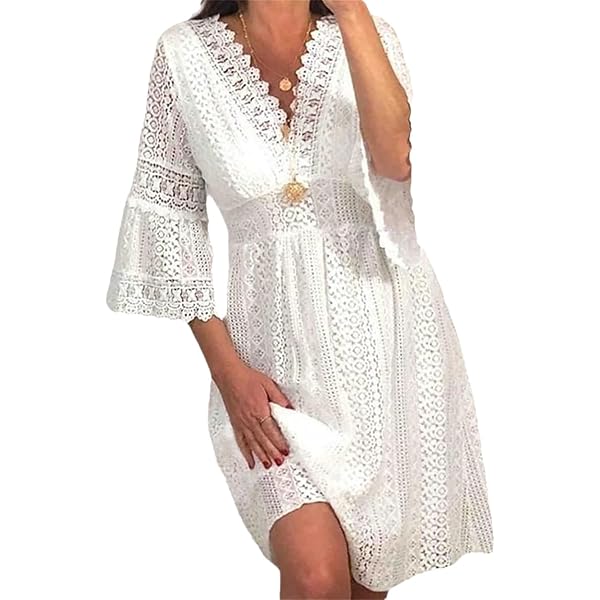 パーティードレス Crochet Lace Cotton Dress Women's Summer Lace Crochet Dress 3/4 Bell Sleeve V Neck