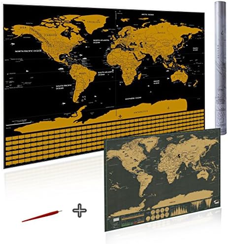 Scratch Off World Map by Alianza Products. Travel Log Map with Country Flags and US States Outlined 33" x 23". Free World Map (16.5" x 11.8") Scratch Tool and Tube Included. Great Gift for Travelers