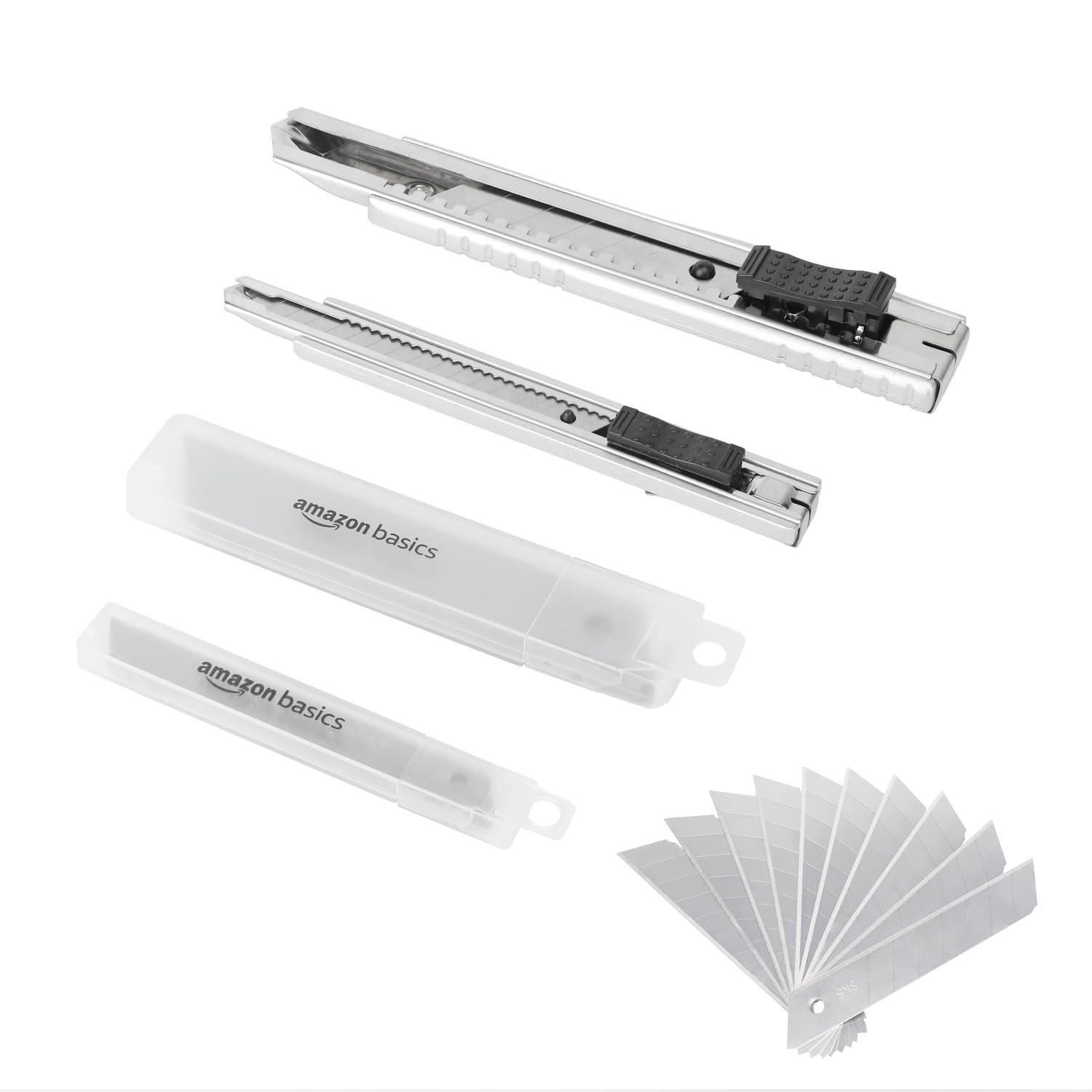 Amazon Basics Auto-Lock Zinc-Alloy Shell Utility Knife, 2 Pack with 20 Piece Extra SK5 Blades for Precision Cutting, Silver