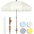 MFSTUDIO 7ft Patio Beach Umbrella with Fringe, Tassel Umbrellas with Sand Anchor & Tilt Button, Holiday Outdoor Umbrella with Carry Bag