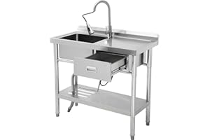 Garvee 39 Inch Single Bowl Stainless Steel Utility Sink, Free Standing Unit with Drawer, Workbench, Storage Rack, Faucet & Fu