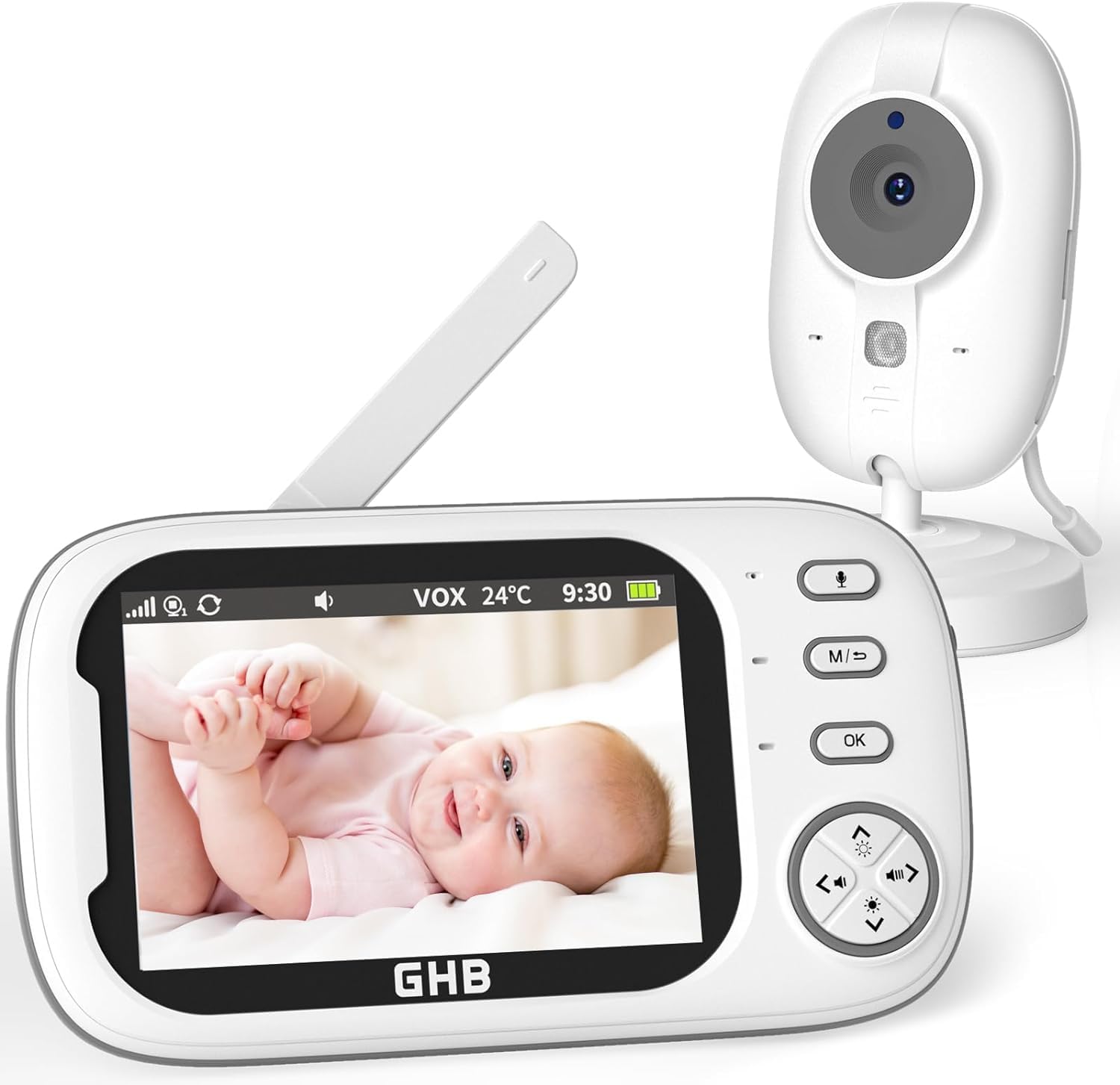GHB Baby Monitor with Camera and Night Vision, 3.5-inch Video Monitor, VOX Mode, 2-Way Talk, 8 Lullabies, Temperature Alert, Feeding Reminder