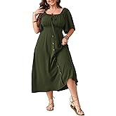 SHESTARR Plus Size Summer Dress Short Sleeve Square Neck Tie Front Smocked Button Down Flowy A-line Boho Maxi Long Dresses