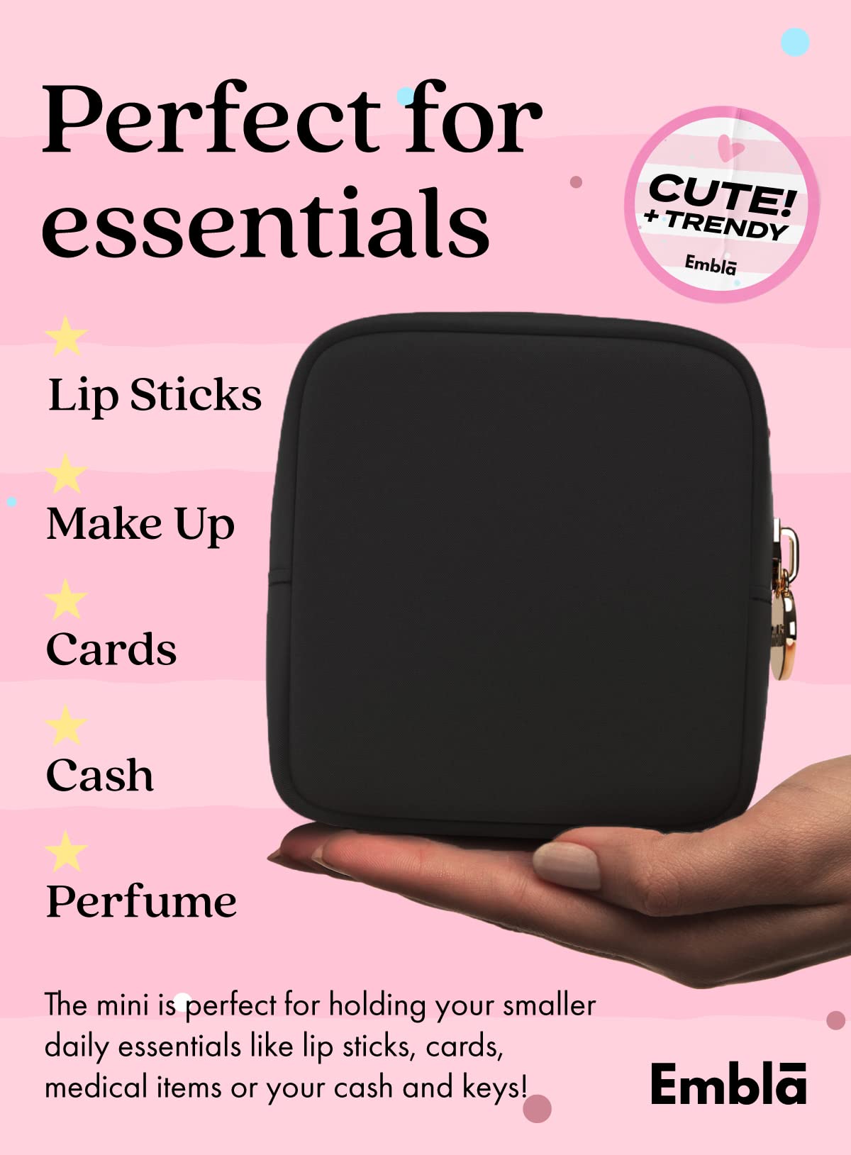 Embla Makeup Bag Travel Cosmetics Pouch and Toiletry Bag, Nylon Zipper Pouch Purse, Cute Make Up Organizer Storage Tote for Women Girls, Waterproof Travel Skincare Case, Small Makeup Bags, Black