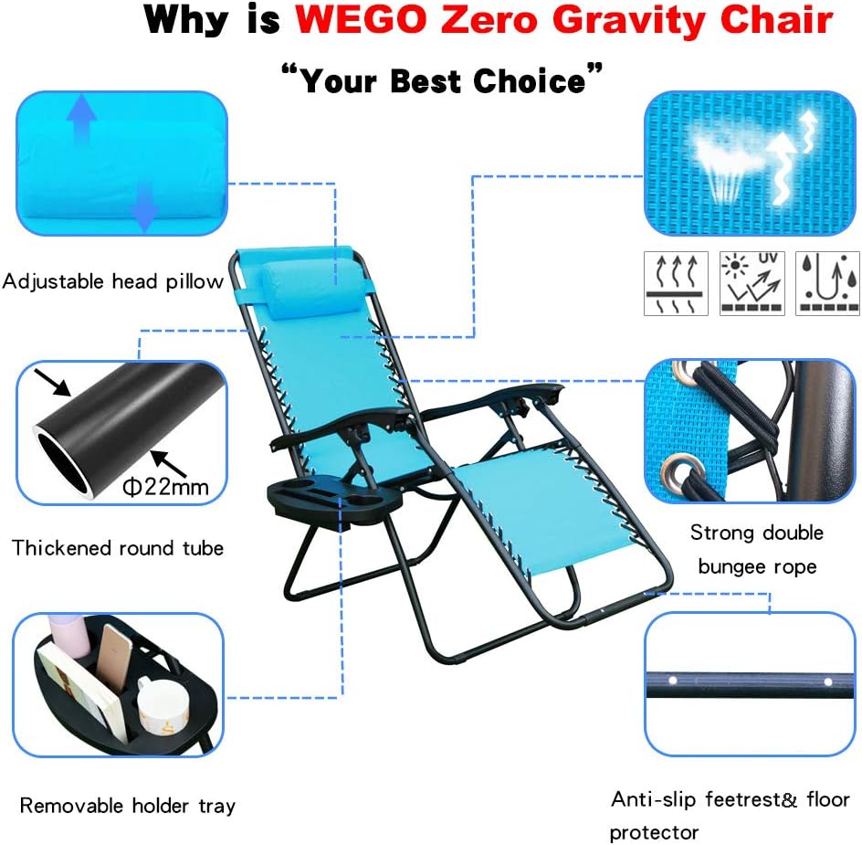 WEGO Zero Gravity Chair, Lawn Chair Flolding Recliner Lounge Chair with Removable Pillow and Side Table,Light Blue: Furniture & Decor