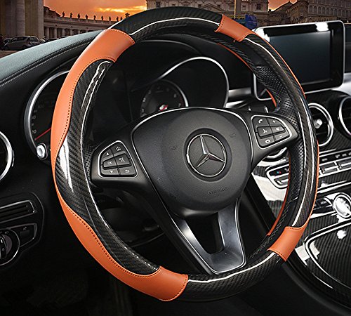 Moyishi Top Glossy Carbon Fiber Leather Steering Wheel Cover Universal Fit Soft Breathable Steering Wheel Wrap (Brown)
