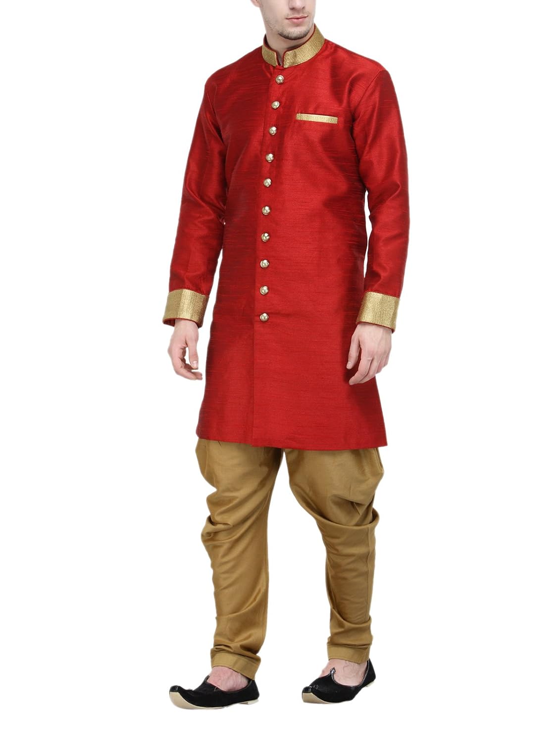 rg designers red and gold plain sherwani for men