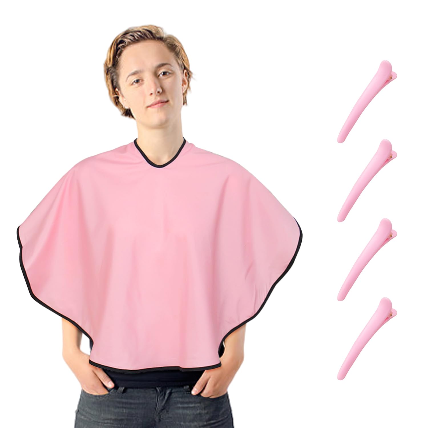 GVSAVY 1 Pcs Pink Makeup Cape with 4pcs Pink Hair Clips Adjustable Beauty Salon Cape Haircut Scarf Tools Suitable for Makeup Haircut Hair Coloring Beauty Salon