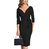MUXXN Women's Vintage Faux Wrap V Neck 3/4 Sleeve Formal Classic Party Work Dress with Belt