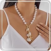 BELLA-Bee Beach Necklaces for Women Trendy Boho Colorful Seashell Starfish Chunky Pearl Choker Necklace Dainty Gold Shell Charm Necklace Fashion Summer Vacation Jewelry
