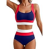 Herseas Women 2 Piece High Waisted Bikini Sets Colorblock Sporty Swimsuits Wide Straps Bathing Suit 2026 Summer Swimwear