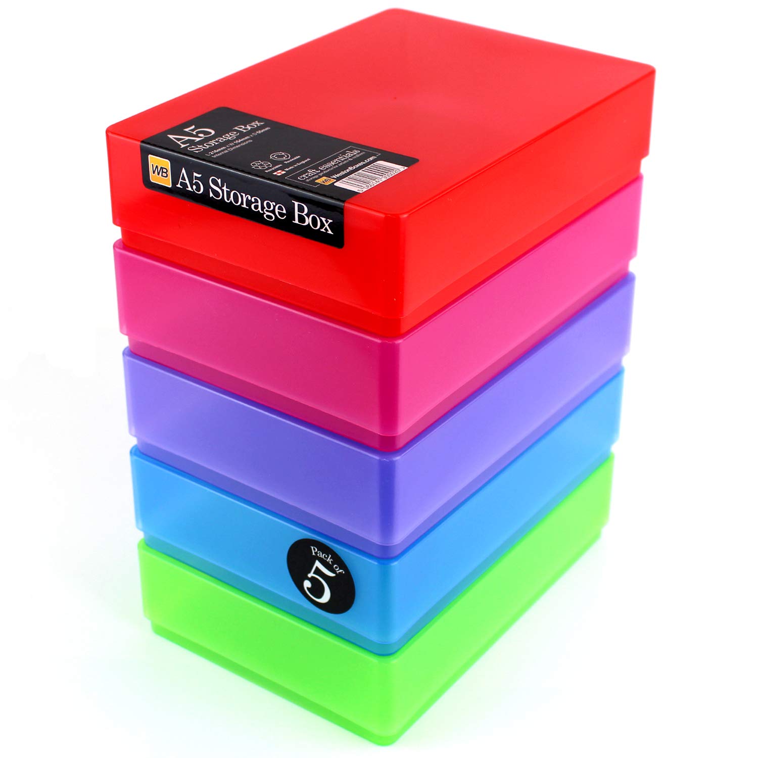 WestonBoxes A5 Plastic Craft Storage Boxes with Lids for Art Supplies, Paper and Card - 1.8 Litre Volume (Multicolour, Pack of 5)