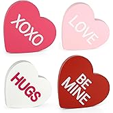 COCHIE Wooden Hearts Valentines Decorations Indoor, Wood Heart Blocks Tiered Tray Decor Set of 4, Red Pink White Valentine Decoration for Home Party Office Shelf Door (Word New)