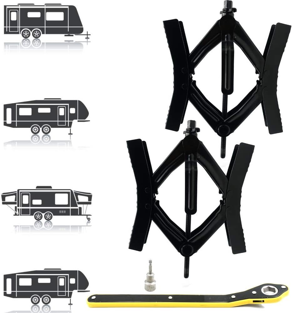 RV Camper wheel tire chock, 2 sets, for RV safety, levering system, Heavy Duty, stabilizer jack with crank handle x chock rv: Home Improvement