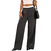 WDIRARA Women's Striped Straight Leg Pants Dressy Elastic Waist Long Trousers