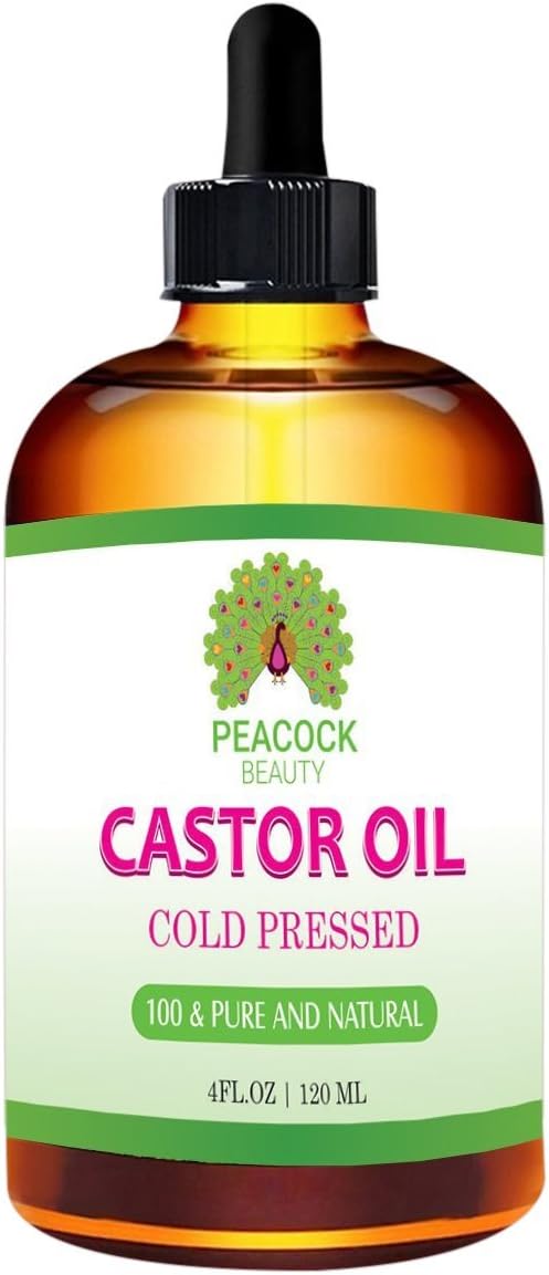 Peacock Beauty Castor Oil for Skin and Hair, Cold Press, 100% Organic Moisturizer Reduces Scars, Hair Loss, Blemishes and Thickens Eyelashes