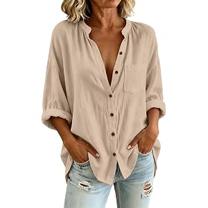 Women V Neck Button Down Linen Blouse Long Sleeve Roll Up Casual Shirts | Dressy Loose Fit V Neck Work Tops with Pocket,Baggy