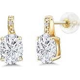 Gem Stone King 10K Yellow Gold Oval Moissanite and DiamondV Stud Earrings For Women (3.01 Cttw, Oval 8X6MM)