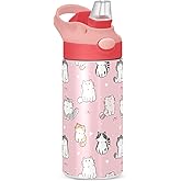 Cute Cat Kitty Girls Water Bottle with Straw and Carry Handle Cartoon Animals Pink Vacuum Insulated Stainless Steel Bottles Leak-Proof for Boys Kids Toddler 12 oz Pink Lid