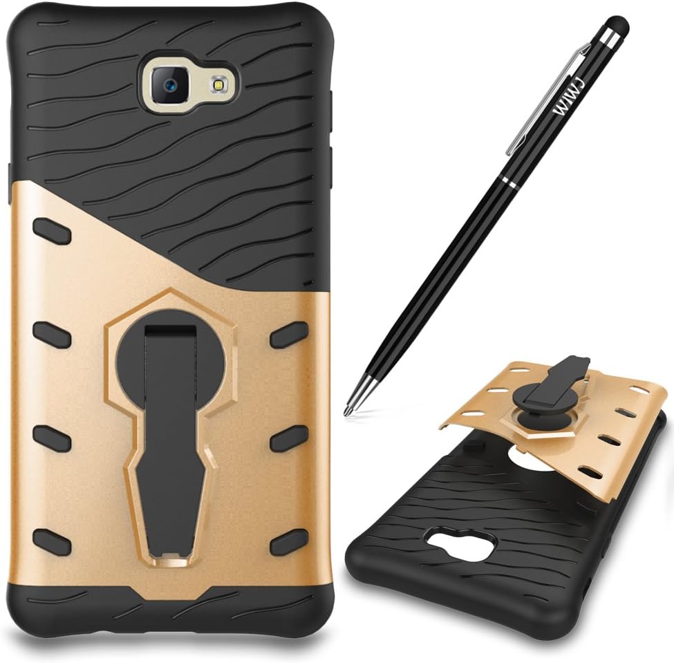 WIWJ Compatible with Galaxy J7 Prime Case Dual Layer Soft Cover Case 360 Degree Rotating Kickstand Case Armor Hard Plastic and Ultra Slim Case Shockproof Case for Samsung Galaxy J7 Prime/On7 2016-Gold